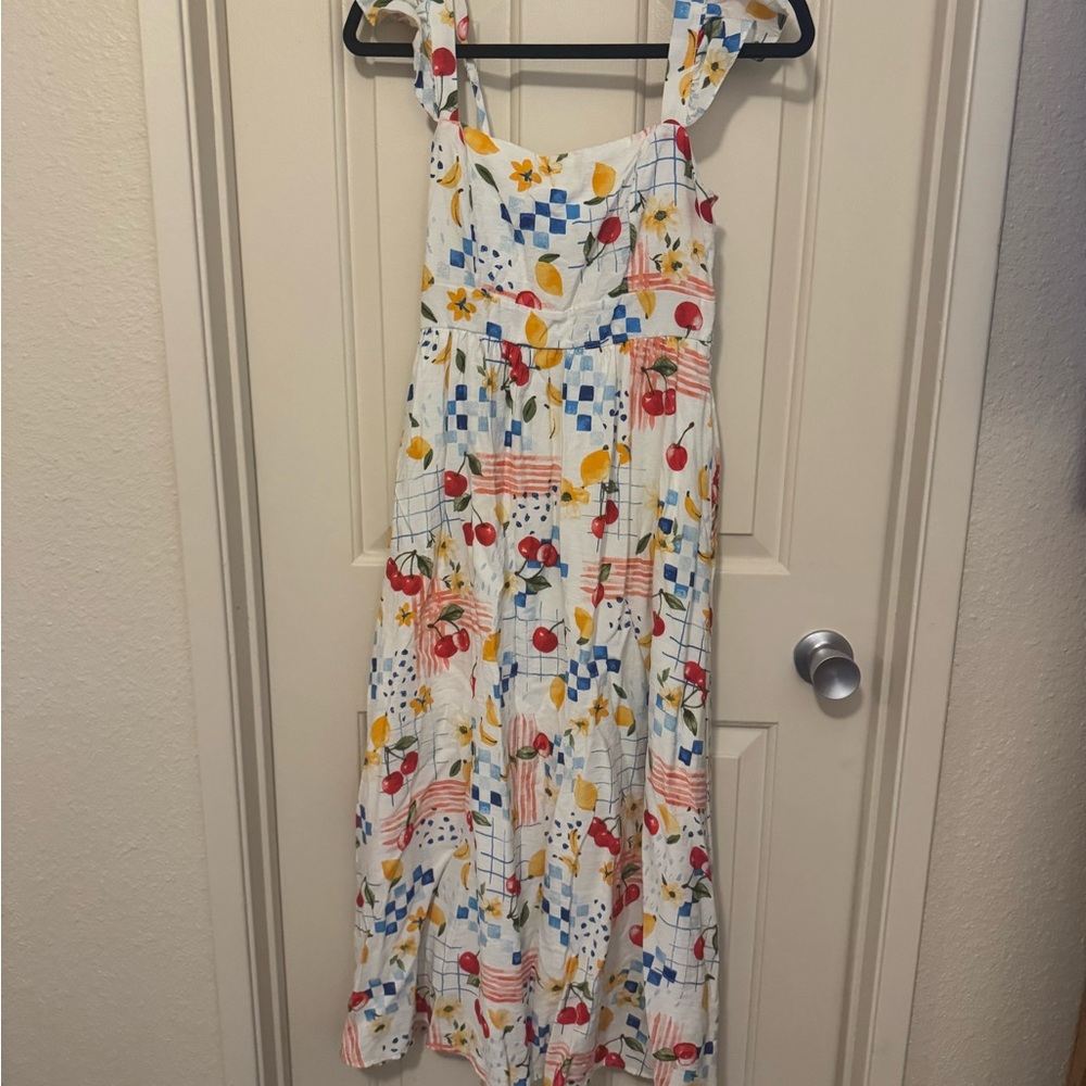 Blu Pepper White Midi Dress with Red Cherry & Yellow Floral Print